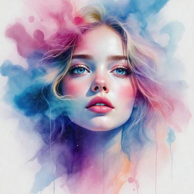 The primary subject of the image is a woman with blonde hair, who is the main focus of the painting. She is depicted with a pink lipstick and a blue eye shadow, giving her a vibrant and colorful appearance. The setting of the image is a colorful background, which adds to the overall atmosphere of the painting. The visual style of the image is a watercolor painting, which gives it a unique and artistic appearance. The colors and mood of the painting are lively and energetic,